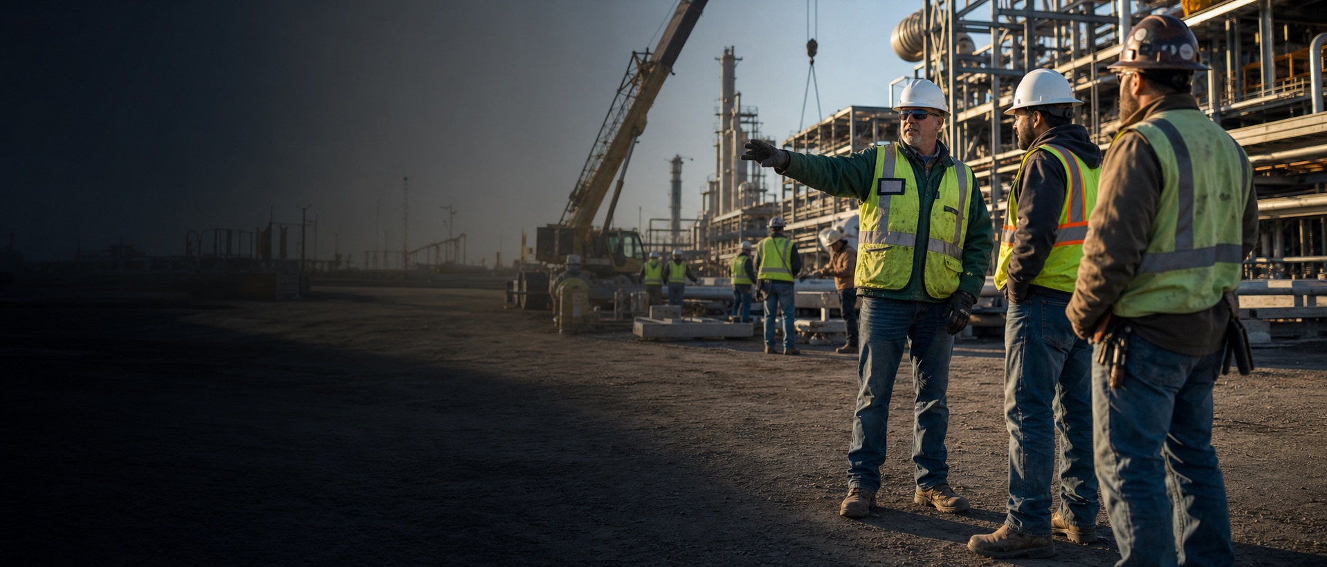 Safety professionals coordinating work on an active industrial construction site